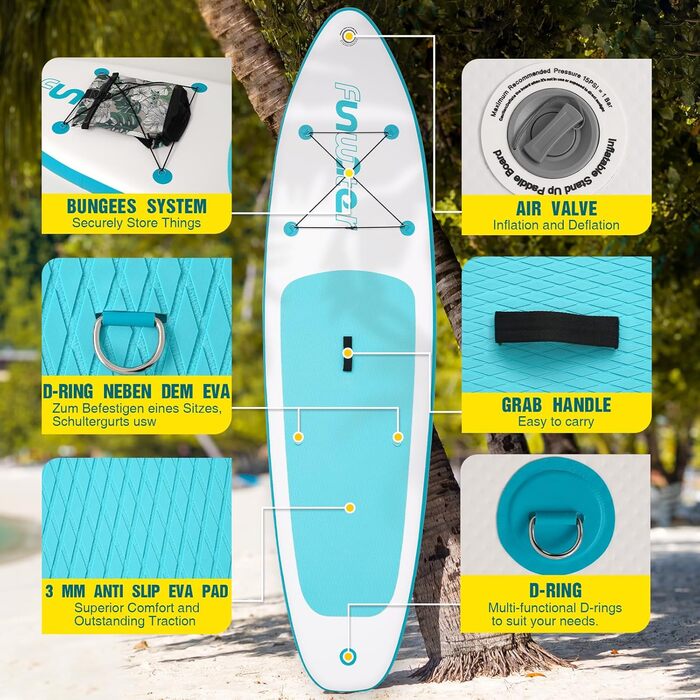 Надувний SUP Борд FunWater 320CM – Комплект для Сапбордингу: Весло, Рюкзак, 3 Ласти, Насос, Леєра. Підходить для початківців та досвідчених. 10' 6 – Оранжевий/Білий