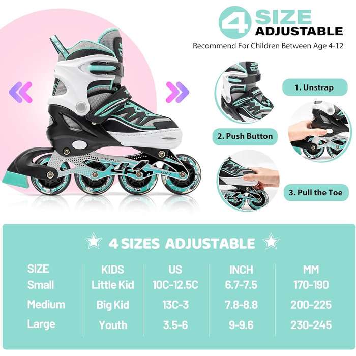 Інлайнери дитячі 2PM SPORTS Cytia Rosa з регульованим розміром та світлодіодними колесами, рожеві. Для дівчаток та хлопчиків, розмір EU 32-35.