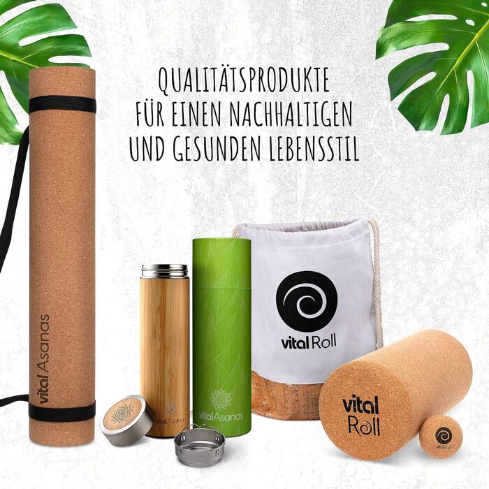 Йога мат Vital Asanas Premium: натуральний корк, протиковзаюча, з ручкою для перенесення. Підходить для йоги, пілатесу та фітнесу