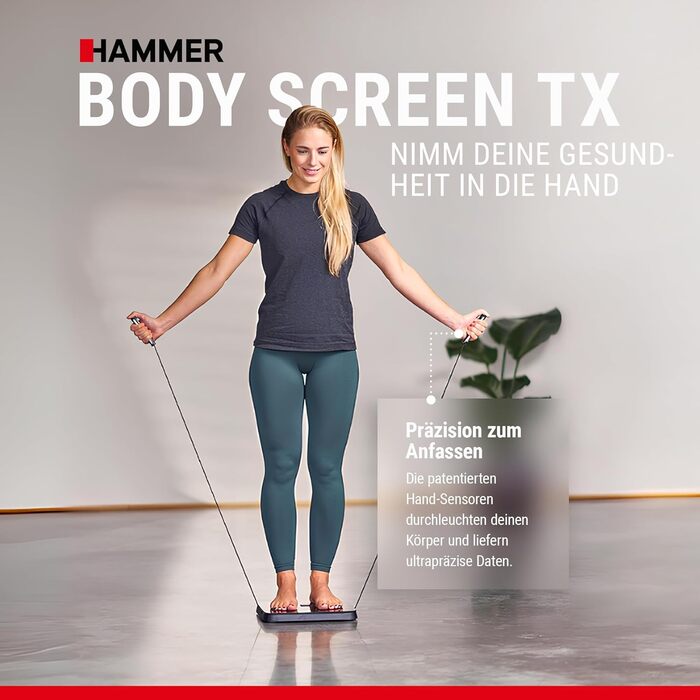 Розумні ваги HAMMER Body Screen TX, 8 сенсорів, аналіз складу тіла, 43 показники здоров'я, додаток, Bluetooth