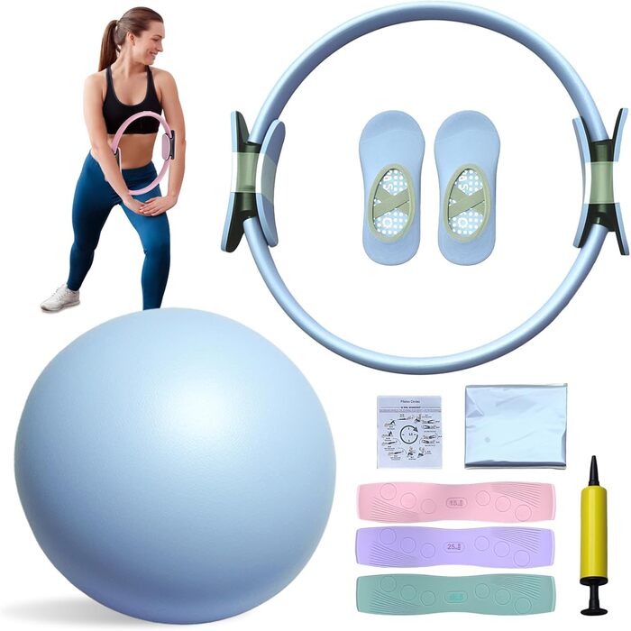 Набір для пілатесу: обруч 38 см, еластичні стрічки, м'яч, антиковзкі шкарпетки, матеріал PP + латекс, для формування тіла вдома, підходить для жінок, блакитний