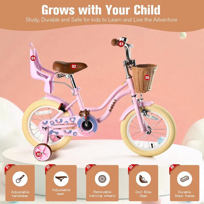 Дитяче велосипед RULLY для дівчаток 12 дюймів з додатковими колесами, кошиком та сидінням для ляльки, регульоване сидіння, 2-7 років, рожевий/фіолетовий/блакитний
