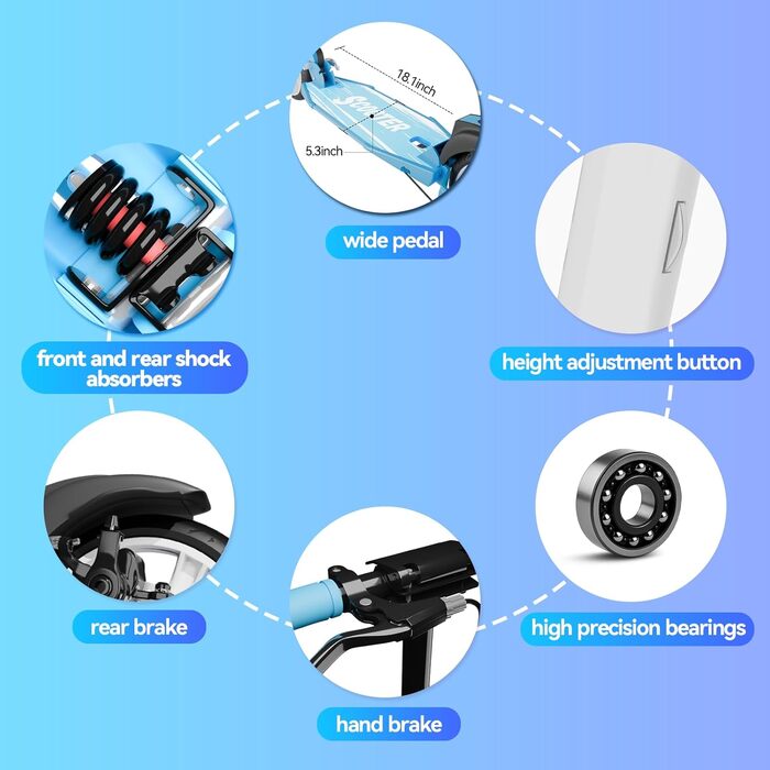 MEE GOO Скутер для дорослих з дисковою гальмом та подвійними амортизаторами, 200 мм PU-колеса, підшипники ABEC-7, неслизька дека (Рожевий/Білий/Синій) – Макс. 100 кг, СИНИЙ