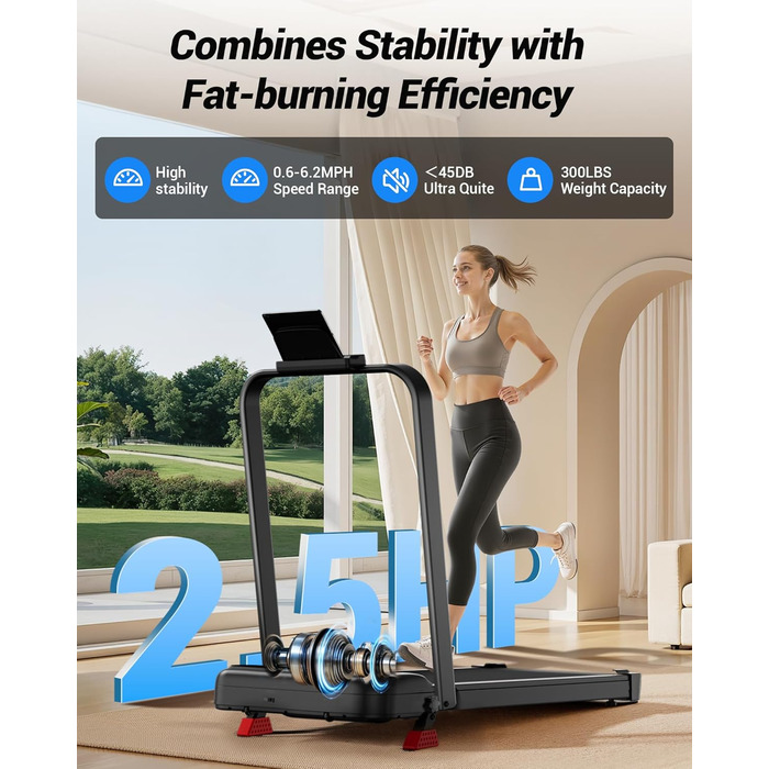 Біговий доріжка з ручкою – тихий, складаний біговий доріжка 2.5 PS для дому, офісу, під стіл, портативна тренувальна зона з нахилом 8%, вантажопідйомність 136 кг