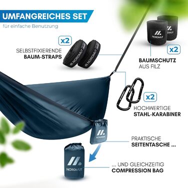 Гамак NORDMUT® Ultraleicht Outdoor з комплектом кріплень. Гамак для кемпінгу, відпочинку на природі та в саду. Максимальне навантаження 300 кг. Зелений (140x275 см, Синій)