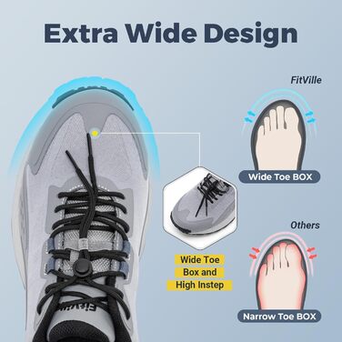 Черевики для трекінгу FitVille для чоловіків, широкі, Slip-On, Outdoor, з дихаючим матеріалом, для трейлраннінгу, з гнучкою застібкою, розмір 40-50 (42.5 EU, сірий)