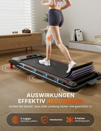 Біговий доріжки з нахилом 5%, компактний під стіл для дому та офісу, портативна бігова машина з LED дисплеєм, пульт дистанційного керування, вантажопідйомність 150 кг, 2.5HP тихий двигун (Чорний/Червоний)