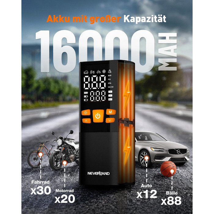 Електрична компресорна насос-автомат NEVERLAND 150 PSI, портативна, для авто, мотоцикла, велосипеда та м'ячів, акумуляторна, USB-C, LED ліхтарик, павербанк