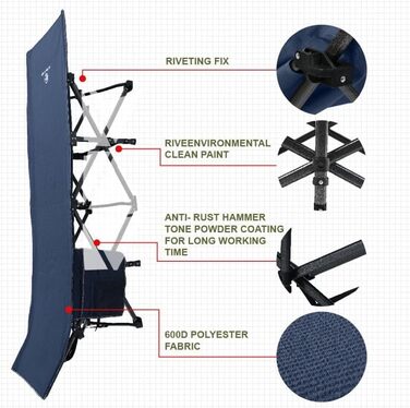 Розкладне ліжко для кемпінгу HIGH POINT SPORTS XXL (270 кг) - стабільне, легке, з сумкою та кишенею, 190x67x35 см, темно-сірий
