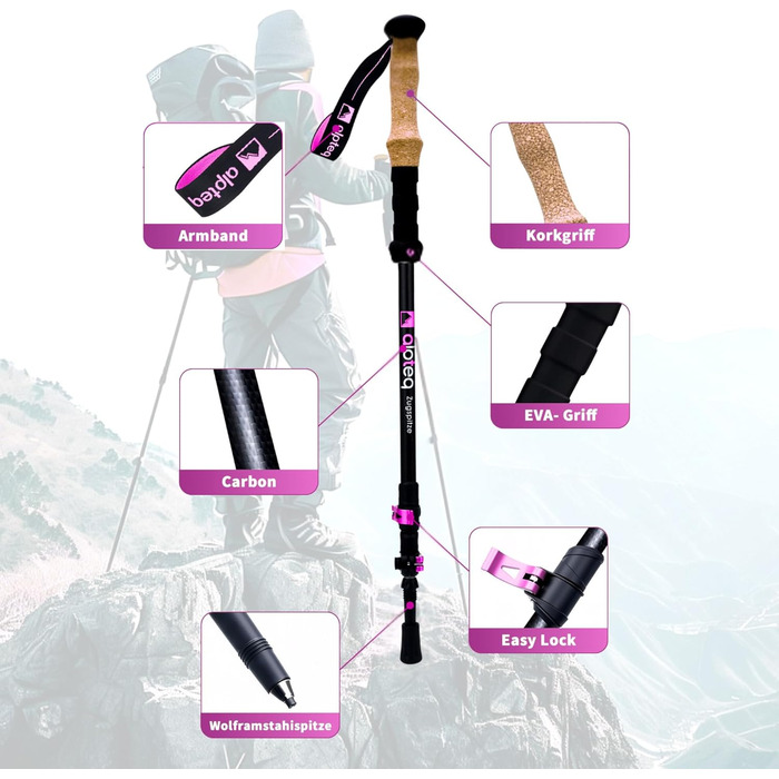 Телескопічні трекінгові палиці з карбону та алюмінію для скандинавської ходьби, регульовані (65–135 см), ергономічні, рожеві
