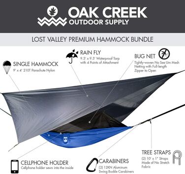 Гамак для кемпінгу Oak Creek Outdoor Supply Lost Valley | З москітною сіткою, тентом від дощу, стропами та компресійним мішком | Легкий, портативний, нейлоновий гамак для одного