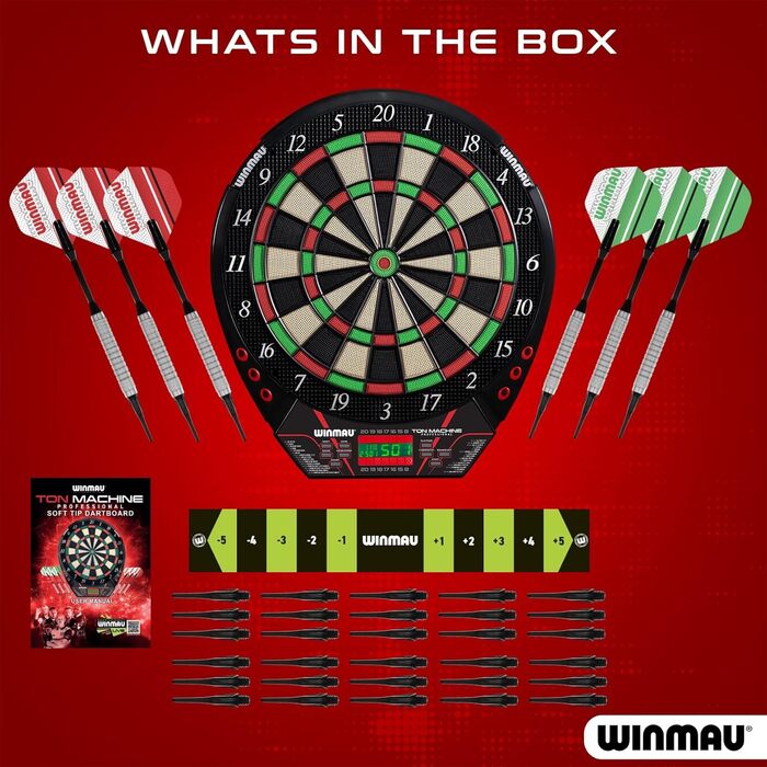 Електронна дартс-мішень Winmau Ton Machine, софт-тип, комплект з 90+ іграми, цифровим дисплеєм для 8 гравців, 2 дротики, лінія кидка, 10 пластикових наконечників