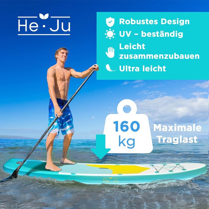 Надувна SUP дошка He-Ju 335x84x15 см для початківців та досвідчених, водонепроникна, з комплектом аксесуарів, м'ятна
