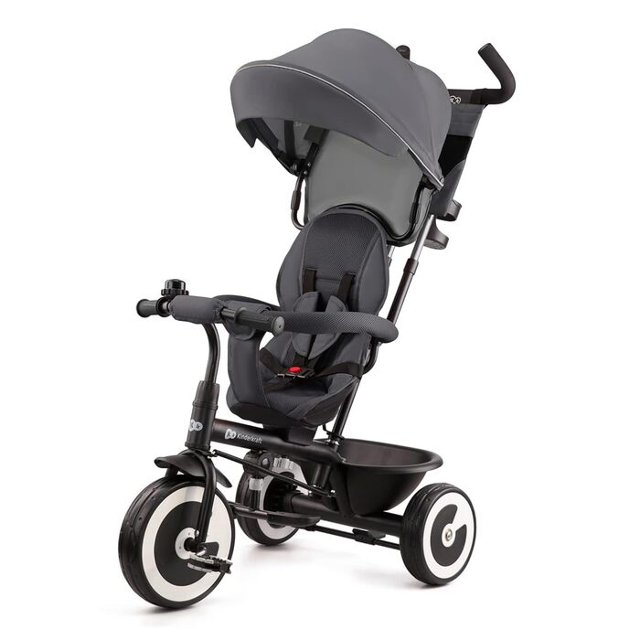 Дитячий триколісний велосипед Kinderkraft ASTON з ручкою для батьків, поворотним сидінням, сонцезахисним козирком, підсклянником і кошиком, для дітей від 9 місяців до 25 кг, сірий