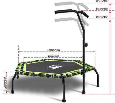 Трамплін для фітнесу 112 см, міні-трамплін для дому, регульована ручка (3 положення), система пружин, до 150 кг