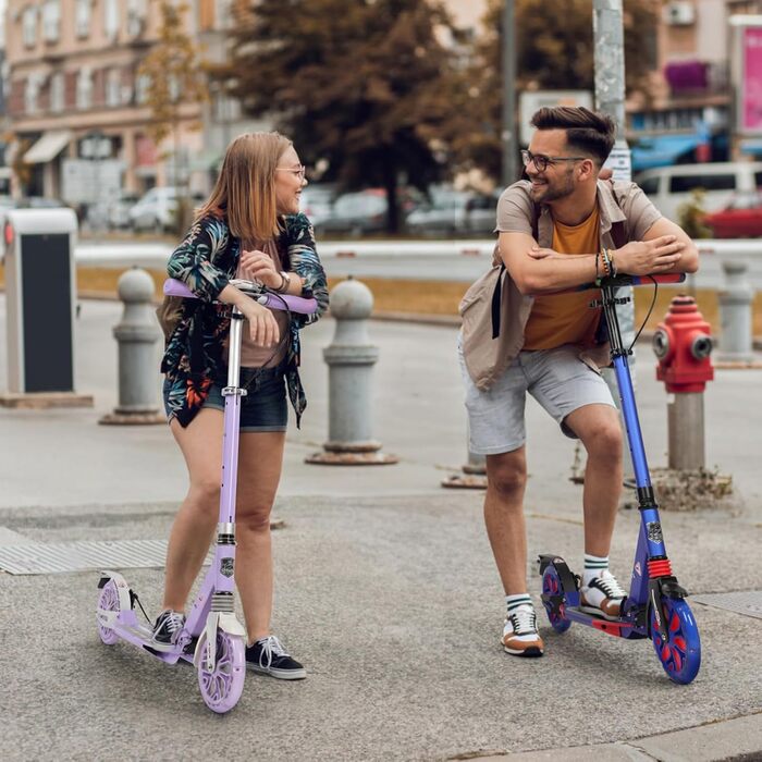 Самокат трюковий Kickscooter LED-ліловий, колеса 200мм, для дітей 8-12 років та дорослих, з дисковими гальмами та подвійною амортизацією, складаний, з ременем для перенесення