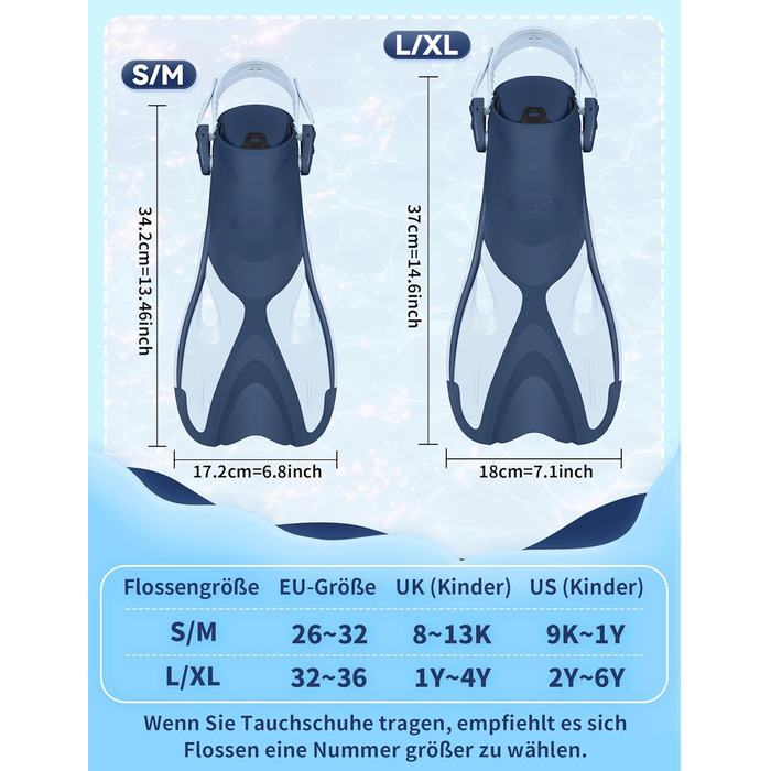 Ласти дитячі Supertrip Schnorchelflossen (SeaBlue, S/M 26-32) для плавання, снорклінгу та дайвінгу, регульовані, компактні для подорожей (6-14 років)