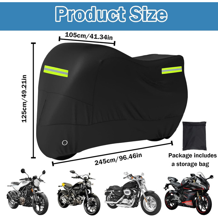 Захисний чохол для мотоцикла Motorrad з відбиваючими смугами, чорний, 245x105x125 см