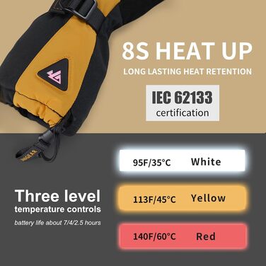 Унігір нагрівні рукавички з швидкою зарядкою для жінок та чоловіків, нагріваючі зимові рукавички з 3 рівнями нагріву, водонепроникні з підтримкою сенсорного екрану для катання на лижах, хвороби Рейно та роботи на відкритому повітрі (жовто-чорні, XL)