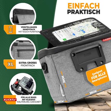 Велосипедна сумка на кермо MIVELO для KLICKfix, водовідштовхувальна, містка, з відділенням для телефону, підходить для електровелосипедів, сіра
