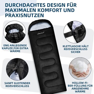 Спальний мішок Clostnature для кемпінгу та подорожей - Легкий, компактний, 3-сезонний, чорний, 0.9 кг