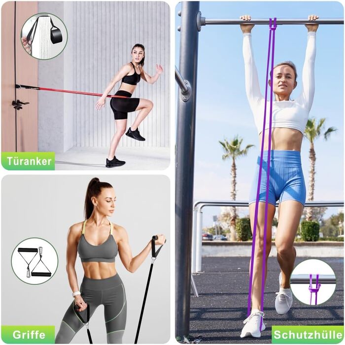 Набір еластичних стрічок для фітнесу та реабілітації, з анкерами, ручками, сумкою та порадами. Ідеально для силових тренувань, йоги та фізіотерапії.