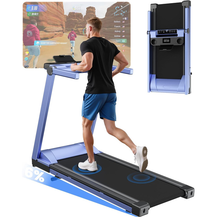 Складне бігове полотно для дому Klappbar 16 km/h, Walking Pad Foldable з нахилом 6%, бігове полотно 158 KG велика площа бігу 112 * 42cm, бігове полотно тихе для дому та офісу (Синьо-Чорний)