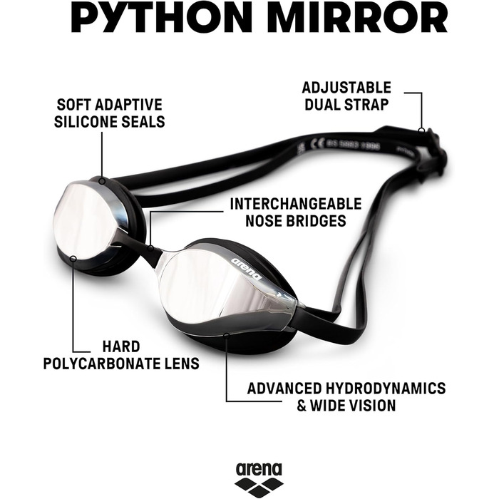 Унісекс тренувальні та змагальні окуляри для плавання Arena Python Mirror, дзеркальні, UV-захист, антифог, сріблясто-чорні, універсальний розмір