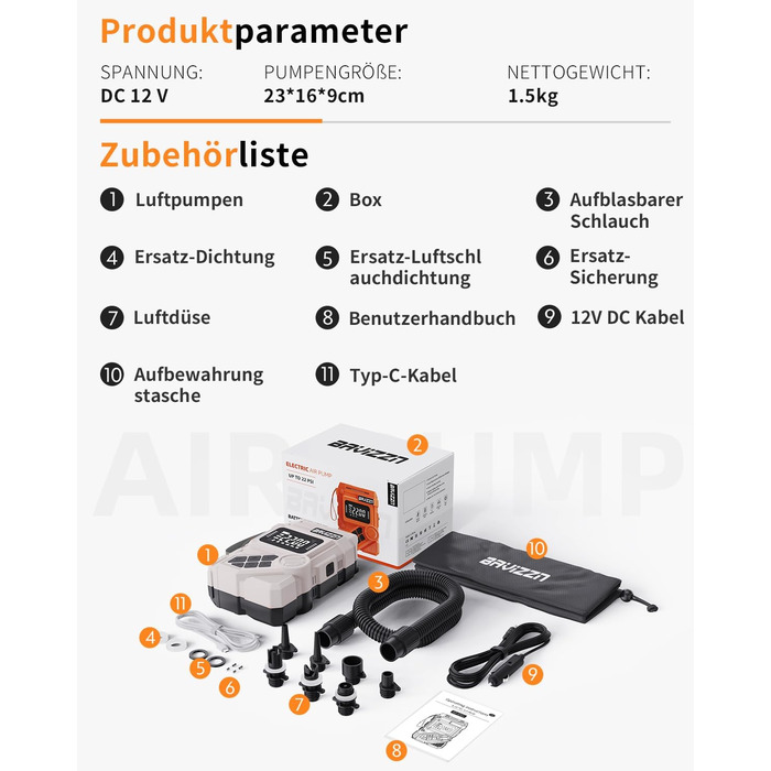 Електричний насос для SUP-дошки 12V DC 22PSI з Type-C, 7 насадок (HELLERE GRAU)