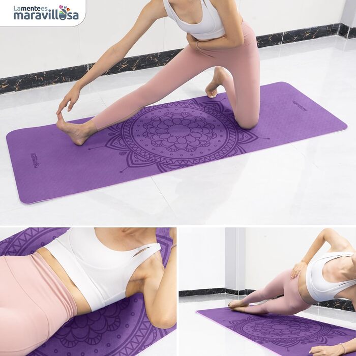 Килимок для гімнастики та йоги LA MENTE ES MARAVILLOSA з TPE, 183x61 см. Зручний для фітнесу, пілатесу, з сумкою та інструкцією. Захищає суглоби, для занять в приміщенні та на вулиці. Мандала, ліловий + рожевий
