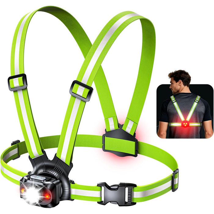 Лампа для бігу Lauflampe Joggen: нагрудна лампа з проблисковим світлом, 500 люмен, кут нахилу 45°, 2 кольори світла, USB-C, IPX4, подвійний ремінь з 360° світловідбивачами для кемпінгу, активного відпочинку, велоспорту (без заднього ліхтаря)