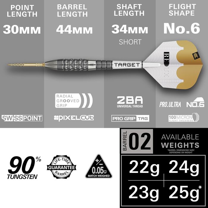 Дарти сталеві Target Darts Redux 90% Tungsten 22G (02) з оперенням Pro Ultra Nr. 6 та шафтами Pro Grip - професійний набір