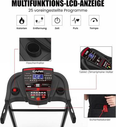 Бігова доріжка CARE FITNESS Jog Runner з регулюванням нахилу та складною конструкцією – до 18 км/год, 18 рівнів нахилу, 25 програм