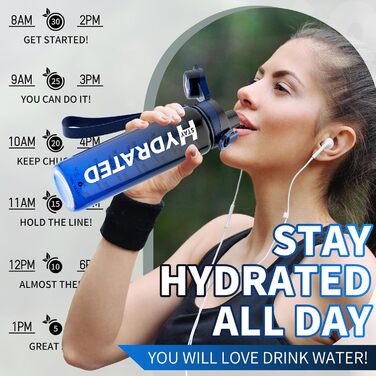 Спортивна пляшка для води 1л Tritan без BPA з маркуванням часу, 1000 мл, чорно-синя