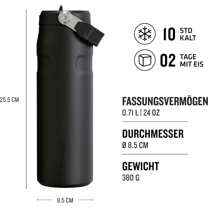 Термобутилка Stanley Flip Straw 2.0 з трубочкою 0,7 л, чорна, термос, зберігає холод до 12 годин, тримає лід до 3 днів, BPA-free, не протікає, підходить для автотримача, можна мити в посудомийці