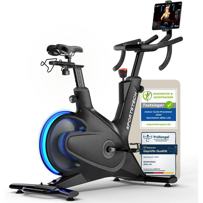 Sportstech sBike Lite: Розумний велотренажер з LED, App з курсами та тримачем для планшету - для повного тіла, чорний
