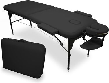 Розкладне масажне ліжко WELLCORE з алюмінію, 185x65 см, штучна шкіра, регульована висота, отвір для обличчя, підлокітники, чорне, до 225 кг, з рюкзаком для транспортування