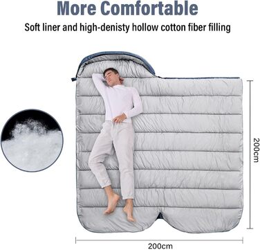 Спальний мішок BISINNA XXL для великих дорослих, 3-4 сезони, зимовий, теплий, для кемпінгу, сірий, 1.5 кг, блискавка справа