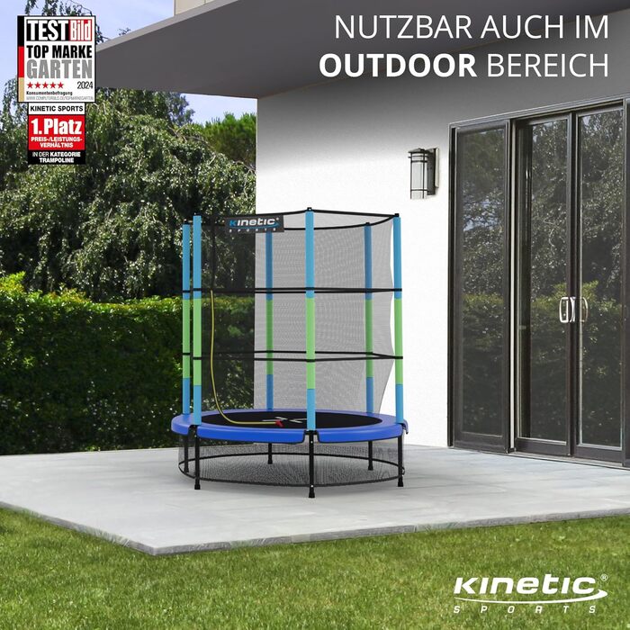 Дитячий батут KINETIC SPORTS 140 см з гумовою підвіскою, захисною сіткою на блискавці, м'яким бортиком і сіткою для підлоги – іграшковий батут для дому