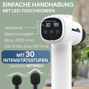Масажний пістолет з 6 насадками, 30 режимів, USB-C, LCD, для м'язів, білий