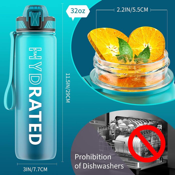 Спортивна пляшка для води Tritan 1л з трубочкою, з міткою часу та щіткою, виготовлена з BPA-Free матеріалу, блакитна