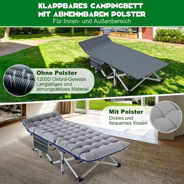 Розкладне ліжко ZIKEBTUY для кемпінгу та відпочинку: міцне, з матрацом, 190x71x36 см (сірий)