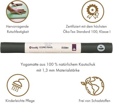 Килимок для йоги Bodhi ECO PRO Travel 100% натуральний каучук, суперлегкий, складаний, екологічний, не ковзає, для йоги та пілатесу, для подорожей, 185x60x0,13 см, сірий