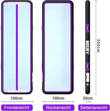 AWSUM Килимок для гімнастики надувний 2/3/4/5/6м, Tumbling Matte, Tumble Track для йоги, фітнесу, дому, з повітряним насосом, 10/20 см товщиною, 300x100x20 см, фіолетовий + чорний