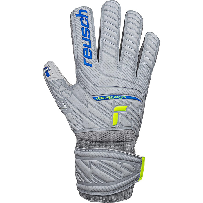 Воротарські рукавички Reusch Attrakt Finger Support для дорослих, з зовнішнім швом і захистом пальців, універсальні для всіх типів футбольних полів, сірі-блакитні-жовті, розмір 10