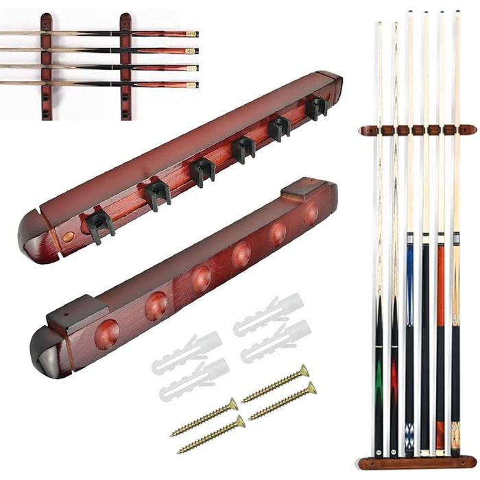 Держатель для бильярдных київ DURANTEY: настінна підставка для 4 київ з дерева, червона, з кріпленням та гумовими вставками (40 x 4 x 3,2 см)