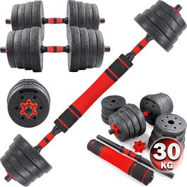 Набір гантелей і штанги C.P.Sports 2-в-1 30 кг, регульований, для фітнесу та силових тренувань, домашній спортзал, червоно-чорний