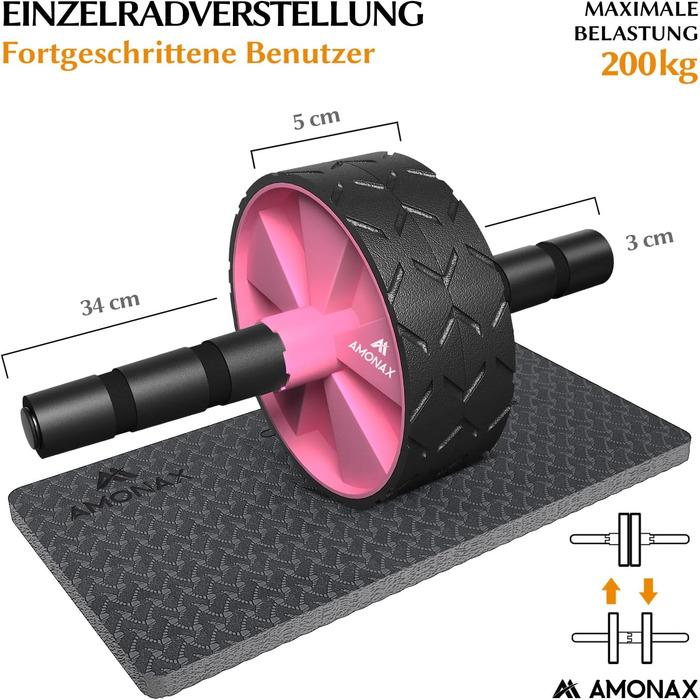 Ролик для пресу Amonax, тренажер для живота, колісо для пресу з килимком для колін, для чоловіків та жінок, тренування пресу (Рожевий)
