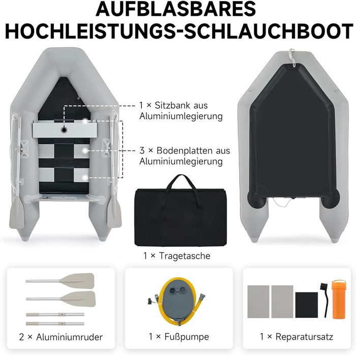 Надувне човен Dartmoor для 2 дорослих: сірий човен з алюмінієвим дном, веслами та насосом (230x130x33 см)