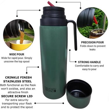 Термос Gaucho Bruno Yerba Mate з носиком, ручкою та гвинтовою кришкою, нержавіюча сталь із зеленим покриттям Crinkle, для гарячих та холодних напоїв